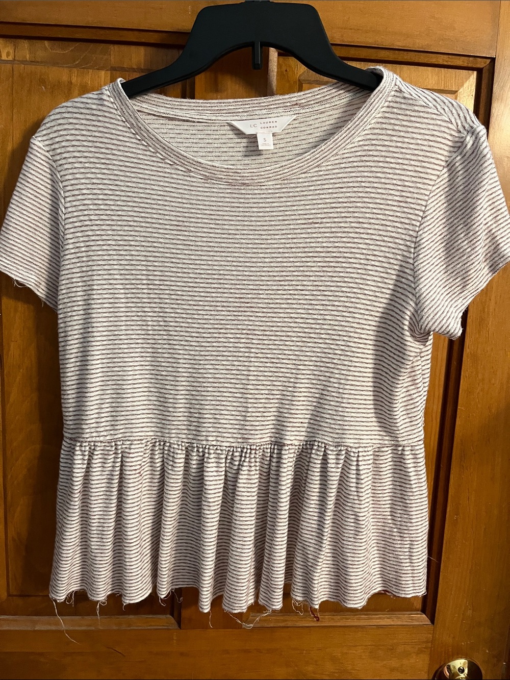 LC Lauren Conrad White and Light Gray Striped Short Sleeve Peplum Tee